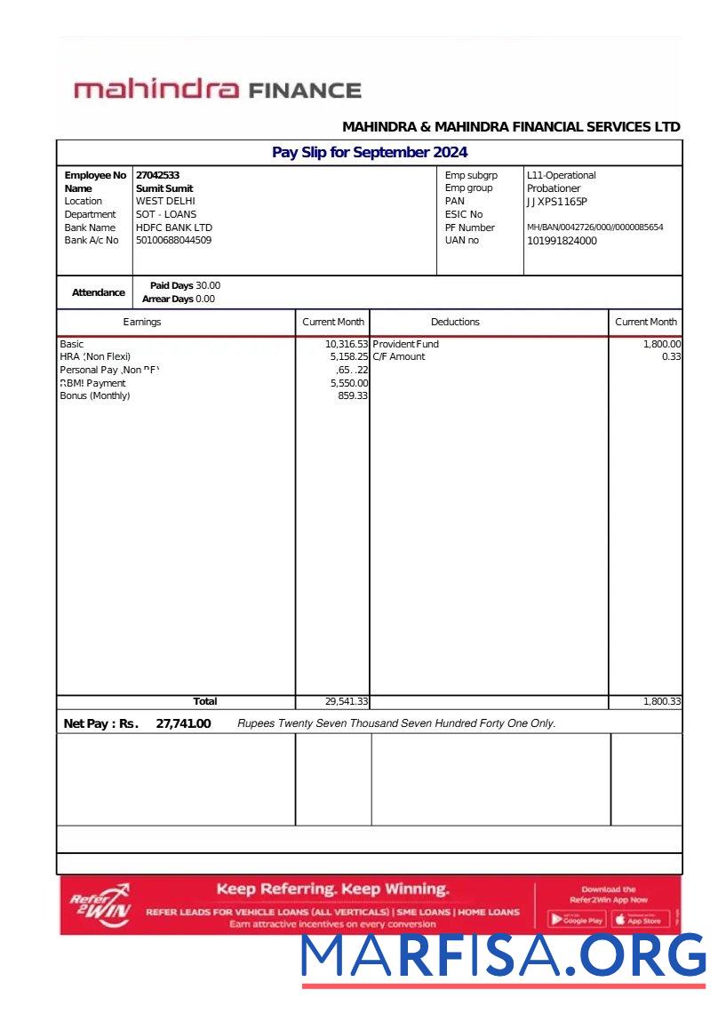 Realistic Mahindra Financial Services LTD payslip example